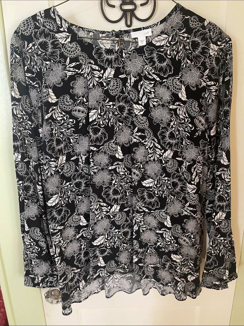 Black & White Floral Long Sleeve Blouse With Ruffled Hem